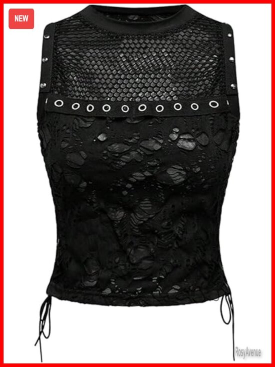 Tops - Goth Sheer Studded Crop Tank Top Lace Up Distressed Punk Going Out Top